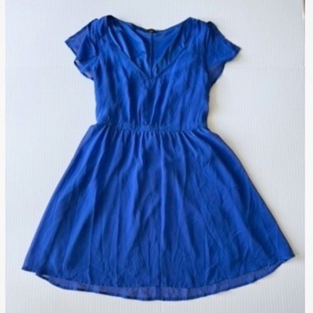 Express Royal Blue Fit & Flare Dress Women XS Flutter Sleeve V-Neck Mini